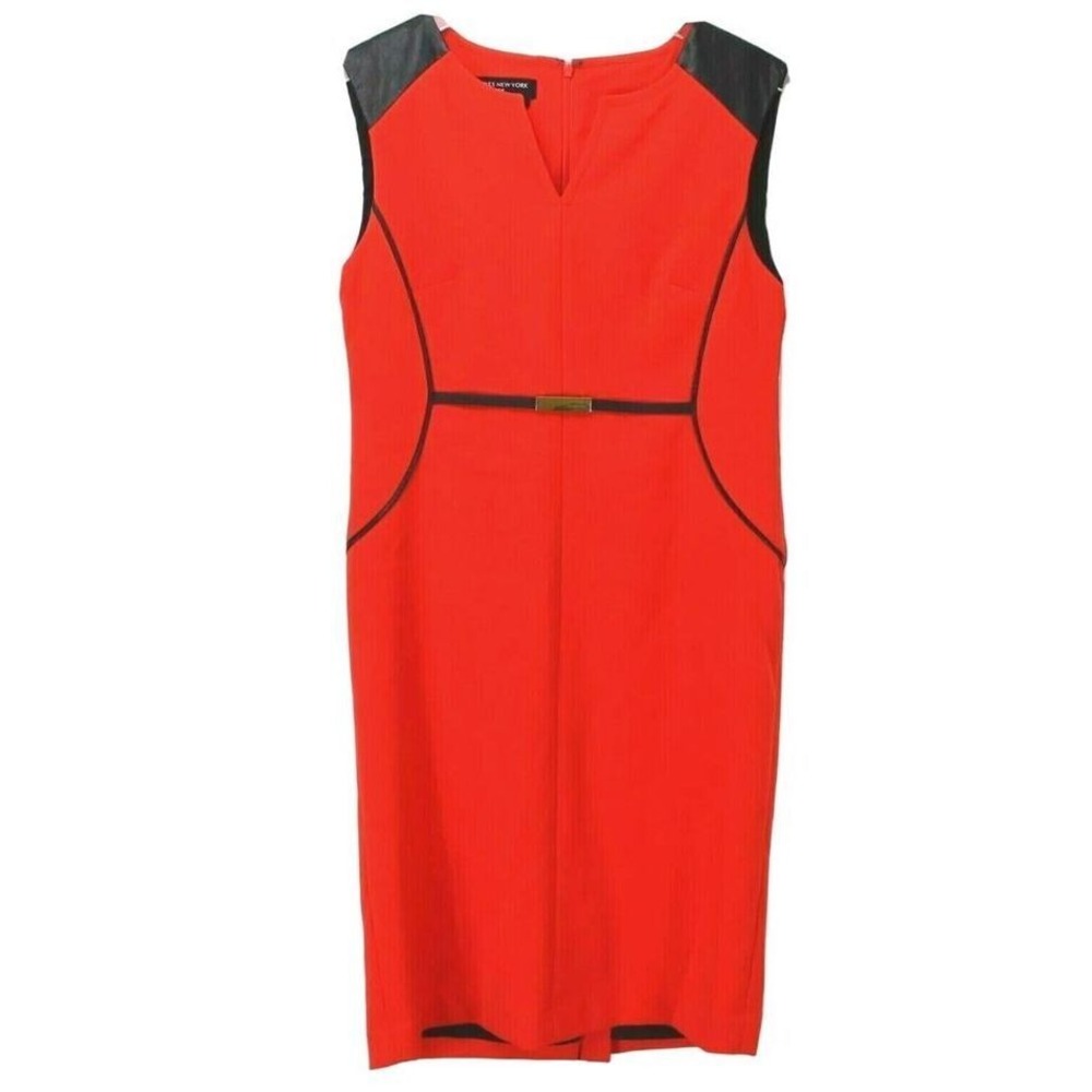 Jones New York Dress 4 Orange Black Sleeveless Stretch Sheath Faux Leather Trim